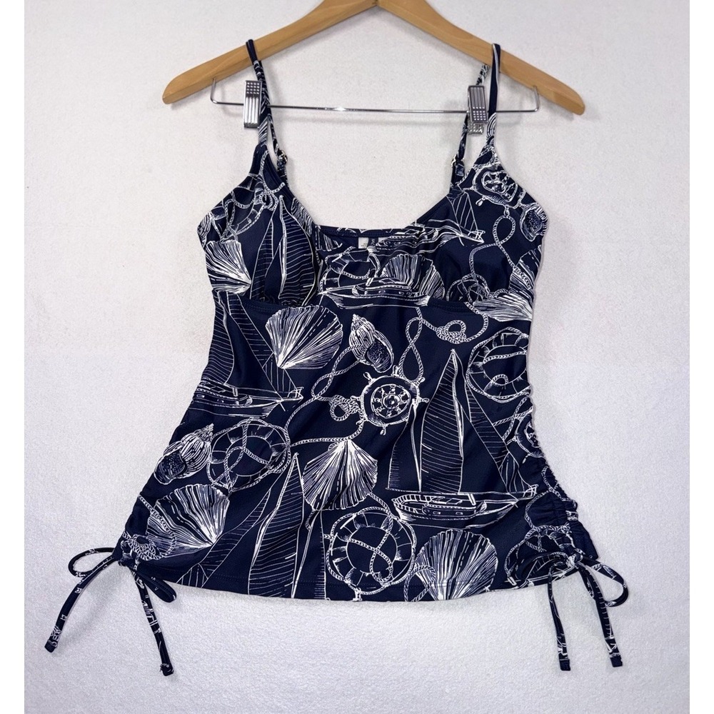 Nautica Womens Navy Nautical Print Tankini Swim Top Adjustable Straps SZ S Boat
